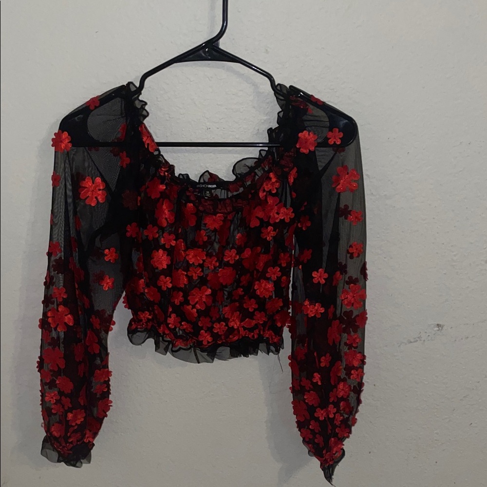 Fashion Nova Black Mesh Blouse with Red Floral Accents